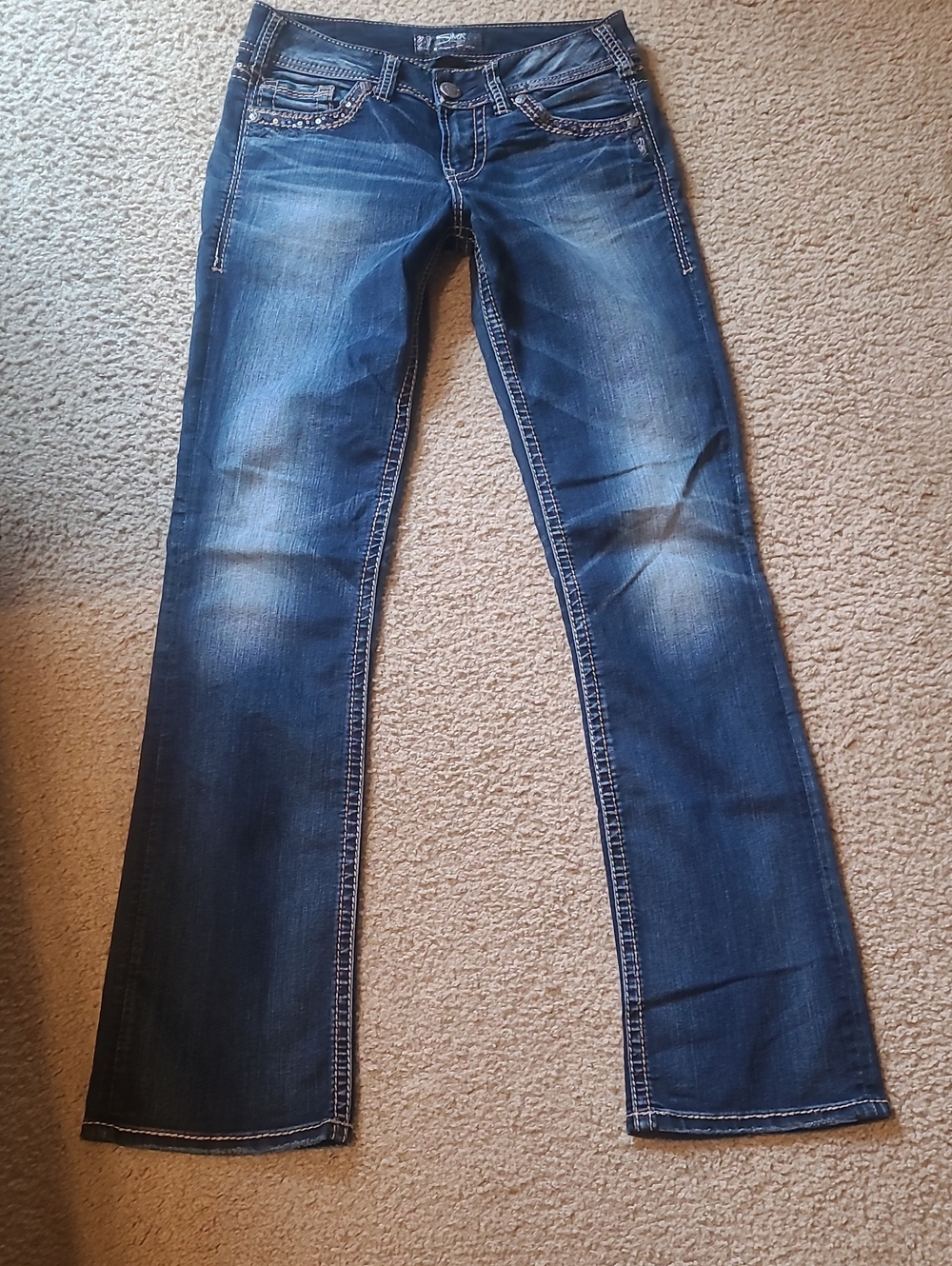 Silver Suki Mid Slim Boot Dark Wash Jeans, Sz 28x33